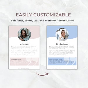 Op de afbeelding: Twee digitale marketing sjablonen met de tekst "EASILY CUSTOMIZABLE" en "Edit fonts, colors, text and more for free on Canva". E&eacute;n sjabloon is roze en de andere blauw, elk met een foto van een lachende vrouw.