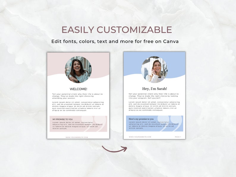 Op de afbeelding: Twee digitale marketing sjablonen met de tekst "EASILY CUSTOMIZABLE" en "Edit fonts, colors, text and more for free on Canva". E&eacute;n sjabloon is roze en de andere blauw, elk met een foto van een lachende vrouw.