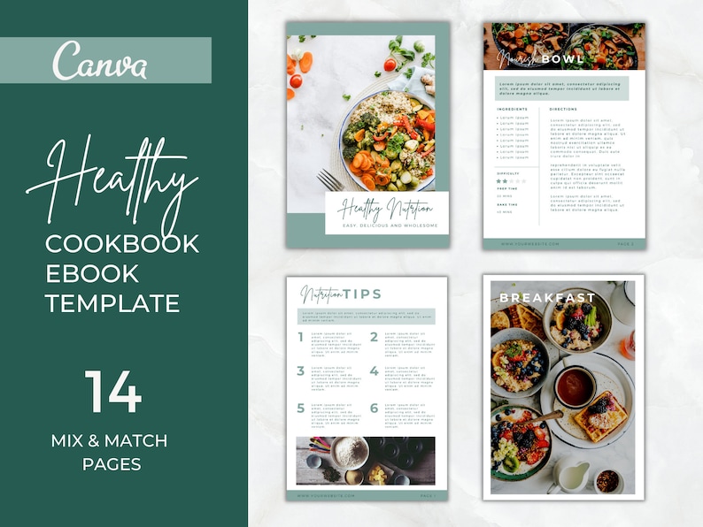 May include: A green and white digital cookbook template with the text "Healthy Cookbook Ebook Template" and "14 Mix & Match Pages". The template features images of healthy food, including a bowl of salad, a plate of fruit, and a breakfast bowl.