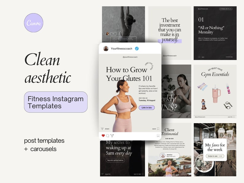 May include: A collection of Instagram post templates for fitness accounts. The templates feature a clean aesthetic with a pink and white color scheme. The text includes phrases like "How to Grow Your Glutes 101", "My Secret to Waking Up at 5am Every Day", and "Client Testimonial".