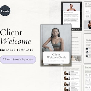 Peut inclure: Un modèle de guide de bienvenue pour les clients numérique avec 24 pages à combiner. Le modèle présente un schéma de couleurs noir et blanc avec un design moderne. La page de couverture présente une femme en soutien-gorge de sport gris et en leggings noirs assise sur un canapé. Le texte sur la page de couverture indique "Guide de bienvenue du client" et "Ajouter un sous-titre ici".