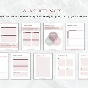 Op de afbeelding: Een verzameling vooraf opgemaakte werkbladsjablonen met een minimalistisch ontwerp. De pagina's hebben een zacht kleurenpalet van wit en mauve, met tekstvakken en lay-outs voor notities, lessen en belangrijke leerpunten. De tekst "WORKSHEET PAGES" staat bovenaan.