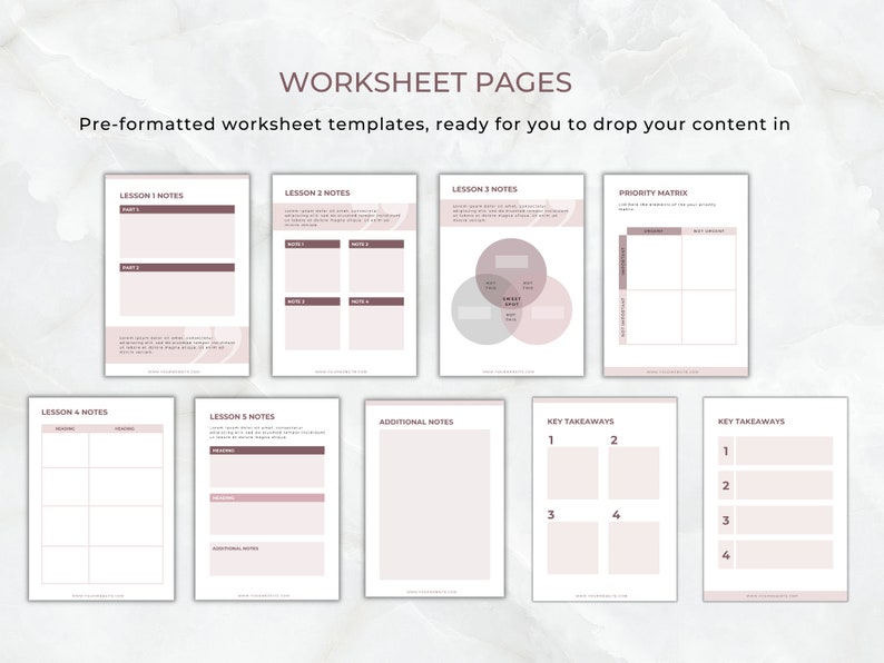Op de afbeelding: Een verzameling vooraf opgemaakte werkbladsjablonen met een minimalistisch ontwerp. De pagina's hebben een zacht kleurenpalet van wit en mauve, met tekstvakken en lay-outs voor notities, lessen en belangrijke leerpunten. De tekst "WORKSHEET PAGES" staat bovenaan.