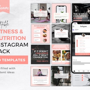 May include: A collection of 80 customizable Instagram post templates for fitness and nutrition content. The templates feature pink and black color schemes with motivational quotes, workout tips, and healthy food ideas. The text "Editable Fitness & Nutrition Instagram Pack 80 Templates" is displayed on the left side of the image.