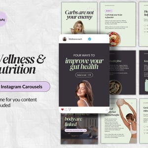 Può includere: Un set di modelli di carosello Instagram per contenuti di benessere e nutrizione. I modelli presentano una varietà di argomenti, tra cui la salute intestinale, l'idratazione e il legame tra mente e corpo. I modelli sono progettati in uno stile moderno e minimalista con uno schema di colori bianco e nero.