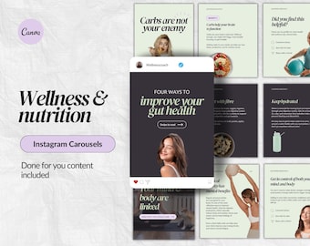 Wellness Instagram Carousel Templates, Nutrition Content (Canva)