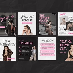 May include: A collage of nine Instagram posts with black backgrounds and pink text. The posts feature tips for productivity, business, and personal growth. Some posts include images of women.