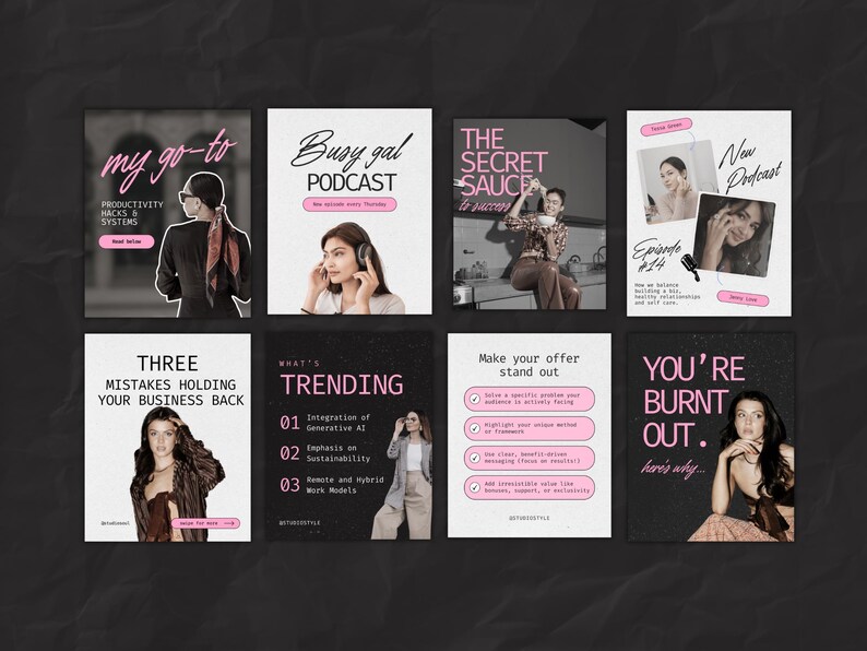 May include: A collage of nine Instagram posts with black backgrounds and pink text. The posts feature tips for productivity, business, and personal growth. Some posts include images of women.