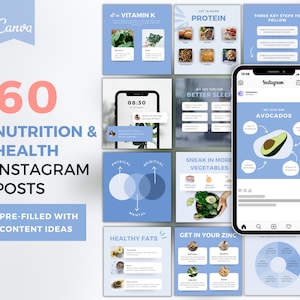 May include: A collection of 60 Instagram post templates for nutrition and health content. The templates feature a blue and white color scheme with illustrations of food and text about healthy eating habits. The text includes phrases like "Get in More Protein", "Sneak in More Vegetables", and "We Love Our Avocados".
