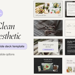 May include: A clean aesthetic slide deck template with 20 slide options. The design features a light purple Canva logo, the words "Clean aesthetic" and "Slide deck template". Various slides with placeholder text and images are displayed.