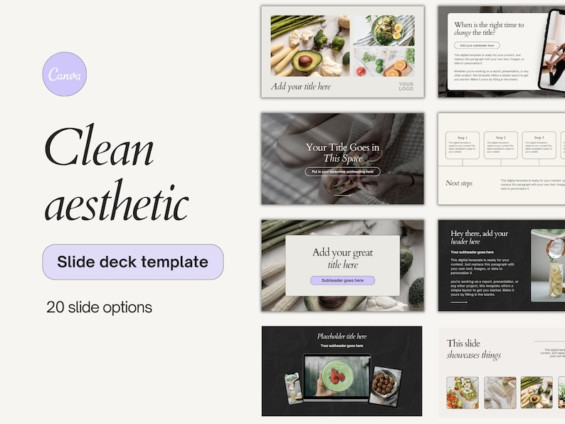 May include: A clean aesthetic slide deck template with 20 slide options. The design features a light purple Canva logo, the words "Clean aesthetic" and "Slide deck template". Various slides with placeholder text and images are displayed.