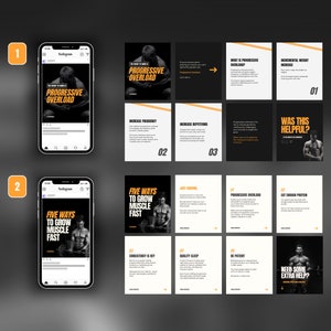 May include: A series of Instagram story graphics with tips on how to grow muscle fast. The graphics feature a black and white image of a man lifting weights, with orange text and a white background. The text includes "Progressive Overload", "Five Ways to Grow Muscle Fast", "Increase Frequency", "Increase Repetitions", "Just Warming", "Progressive Overload", "Eat Enough Protein", "Consistency is Key", "Quality Sleep", "Be Patient", "Was This Helpful?", "Need Some Extra Help?"