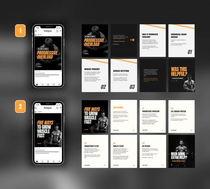 May include: A series of Instagram story graphics with tips on how to grow muscle fast. The graphics feature a black and white image of a man lifting weights, with orange text and a white background. The text includes "Progressive Overload", "Five Ways to Grow Muscle Fast", "Increase Frequency", "Increase Repetitions", "Just Warming", "Progressive Overload", "Eat Enough Protein", "Consistency is Key", "Quality Sleep", "Be Patient", "Was This Helpful?", "Need Some Extra Help?"