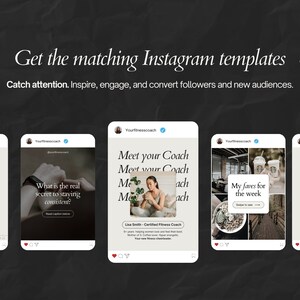 May include: An advertisement for Instagram templates, featuring five mockups of Instagram posts. The posts showcase text and images related to fitness and coaching, with a dark background and white text.