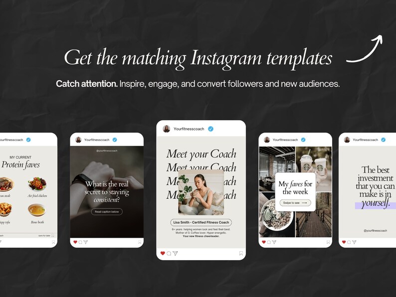 May include: An advertisement for Instagram templates, featuring five mockups of Instagram posts. The posts showcase text and images related to fitness and coaching, with a dark background and white text.