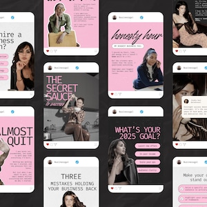 May include: A collage of nine Instagram posts with pink and white text on a black background. The posts feature a woman with dark hair and a variety of business-related topics, including "Why hire a business coach?", "The Secret Sauce to Success", "I Almost Quit", "Three Mistakes Holding Your Business Back", "Honesty Hour", "What's Your 2025 Goal?", and "Make Your Offer Stand Out".