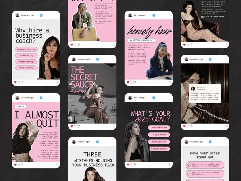 May include: A collage of nine Instagram posts with pink and white text on a black background. The posts feature a woman with dark hair and a variety of business-related topics, including "Why hire a business coach?", "The Secret Sauce to Success", "I Almost Quit", "Three Mistakes Holding Your Business Back", "Honesty Hour", "What's Your 2025 Goal?", and "Make Your Offer Stand Out".