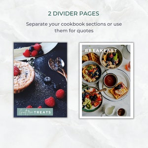 May include: Two divider pages for a cookbook. The left page features a close-up of a gluten-free treat with berries and powdered sugar. The right page features a breakfast spread with waffles, fruit, and yogurt. The text "Gut free TREATS" is on the left page and "BREAKFAST" is on the right page.