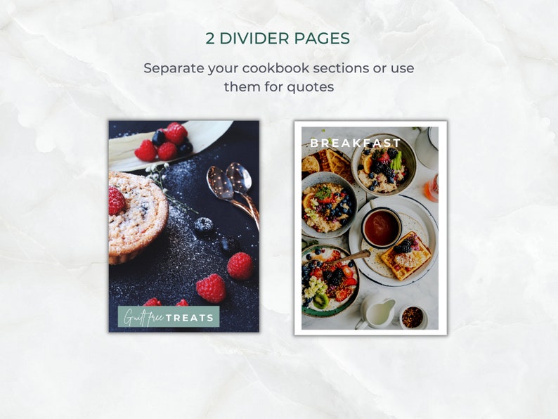 May include: Two divider pages for a cookbook. The left page features a close-up of a gluten-free treat with berries and powdered sugar. The right page features a breakfast spread with waffles, fruit, and yogurt. The text "Gut free TREATS" is on the left page and "BREAKFAST" is on the right page.