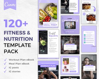 120+ Fitness Nutrition Template Bundle | Fitness Instagram Template pack | Meal Plan Template | Workout Program eBook Template