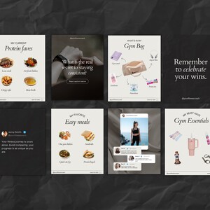 May include: A collage of nine Instagram-style images promoting fitness and healthy living. The images feature various topics, including protein sources, easy meals, gym essentials, and motivational quotes.