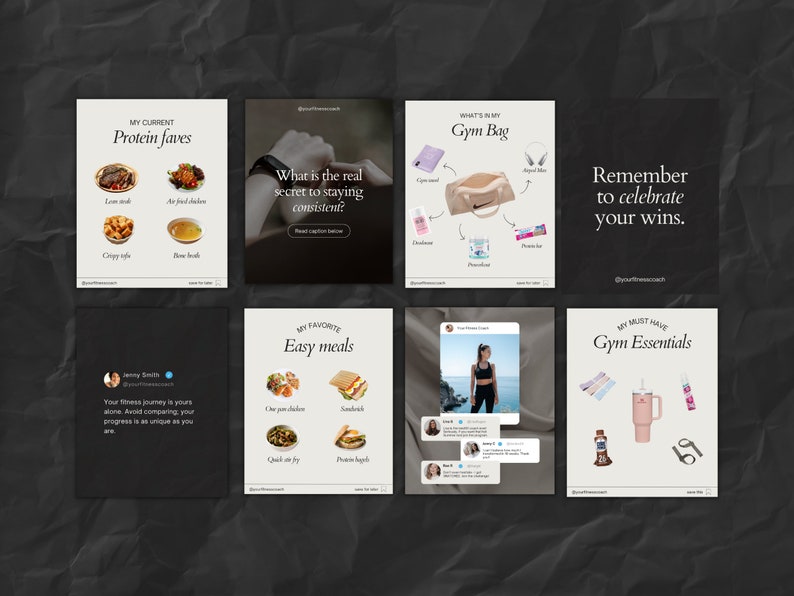 May include: A collage of nine Instagram-style images promoting fitness and healthy living. The images feature various topics, including protein sources, easy meals, gym essentials, and motivational quotes.