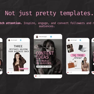May include: Five Instagram post templates with pink text and images of women. The text on the posts includes "Three Mistakes Holding Your Business Back", "Content Ideas to Engage an Audience", "The Trend Forecast", "Steal My Sales Process", and "My Go-To Productivity Hacks".
