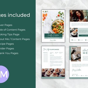 May include: A digital planner with a green background and the text "Pages included" in white. The planner includes pages for cover, table of contents, cooking tips, about me, recipes, dividers, and thank yous. The planner also includes a logo with the initials "MM" in a purple circle.
