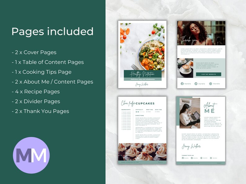 May include: A digital planner with a green background and the text "Pages included" in white. The planner includes pages for cover, table of contents, cooking tips, about me, recipes, dividers, and thank yous. The planner also includes a logo with the initials "MM" in a purple circle.