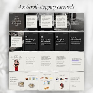 May include: A collage of 12 black and white images with text overlays. The images are divided into four rows of three images each. The text in the images includes phrases like "How I transformed my life with a daily walk", "3 Fitness beliefs you need to get rid of in 2024", "Cardio is the Only Way to Burn Fat", and "Quick Fixes for Lasting Results".
