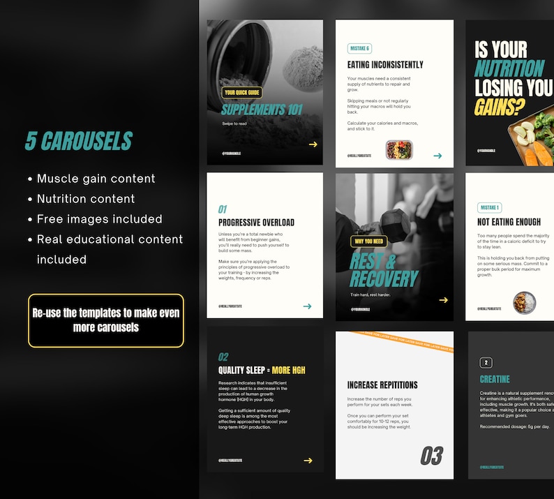 Carousel Fit Fitness Coach Instagram Carousel Templates, Nutrition & Muscle Gain ...