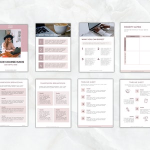 Op de afbeelding: Een verzameling digitale plannerpagina's met een zachtroze en witte kleurstelling. De pagina's bevatten secties voor cursusinformatie, een prioriteitenmatrix, framework-uitsplitsingen en tijdsheets. Tekst: "Your Course Name" en "What You Can Expect."
