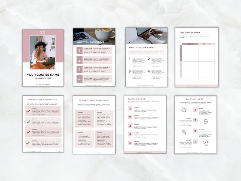 Op de afbeelding: Een verzameling digitale plannerpagina's met een zachtroze en witte kleurstelling. De pagina's bevatten secties voor cursusinformatie, een prioriteitenmatrix, framework-uitsplitsingen en tijdsheets. Tekst: "Your Course Name" en "What You Can Expect."