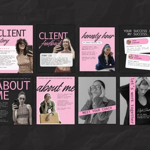 May include: A collage of images promoting a business coach. The images feature a woman with a pink background, a woman with a black and white background, and a woman with a gray background. The text on the images includes "Client Story", "Client Feedback", "Honesty Hour", "Your Success is My Success", "About Me", "Meet Your Coach", and "Let's Work Together".