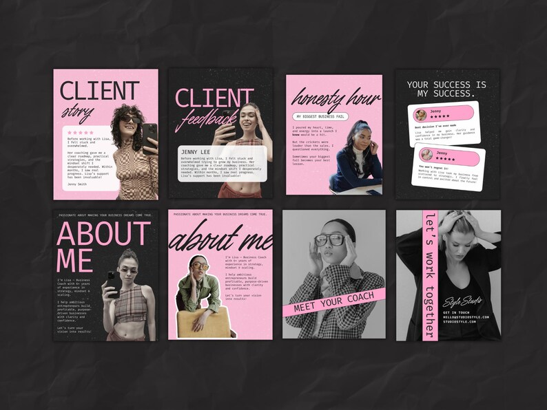 May include: A collage of images promoting a business coach. The images feature a woman with a pink background, a woman with a black and white background, and a woman with a gray background. The text on the images includes "Client Story", "Client Feedback", "Honesty Hour", "Your Success is My Success", "About Me", "Meet Your Coach", and "Let's Work Together".