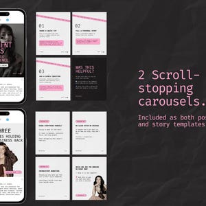 May include: Two phone screens displaying social media post templates for engaging an audience. The first screen shows a post with the text "CONTENT IDEAS TO ENGAGE AN AUDIENCE". The second screen shows a post with the text "THREE MISTAKES HOLDING YOUR BUSINESS BACK".