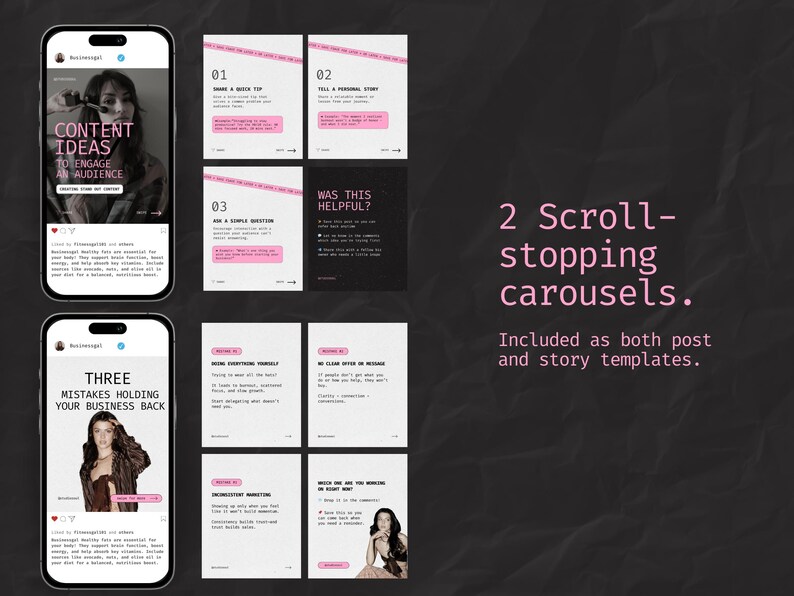 May include: Two phone screens displaying social media post templates for engaging an audience. The first screen shows a post with the text "CONTENT IDEAS TO ENGAGE AN AUDIENCE". The second screen shows a post with the text "THREE MISTAKES HOLDING YOUR BUSINESS BACK".