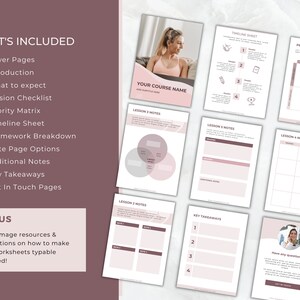 Op de afbeelding: Een verzameling afdrukbare werkbladen met een roze en wit ontwerp. De werkbladen bevatten omslagpagina's, een sessiechecklist, een prioriteitenmatrix, een tijdlijnsheet en notitiepagina's. De tekst op de werkbladen luidt "YOUR COURSE NAME".
