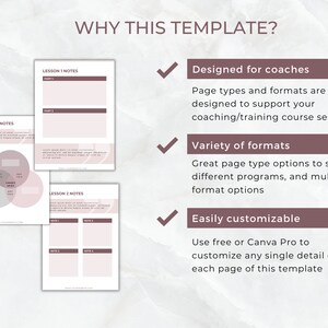 Op de afbeelding: Een digitaal sjabloon met een witte achtergrond en mauve accenten. De sjabloon bevat lesnotitiepagina's en een sectie getiteld "WHY THIS TEMPLATE?" met opsommingstekens die de kenmerken beschrijven: ontworpen voor coaches, verscheidenheid aan formaten en gemakkelijk aanpasbaar.
