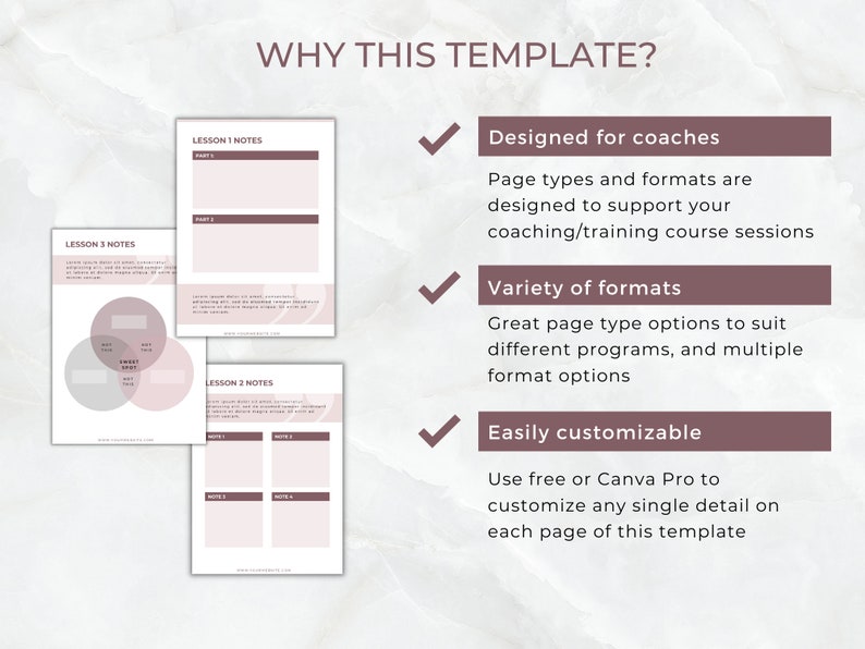 Op de afbeelding: Een digitaal sjabloon met een witte achtergrond en mauve accenten. De sjabloon bevat lesnotitiepagina's en een sectie getiteld "WHY THIS TEMPLATE?" met opsommingstekens die de kenmerken beschrijven: ontworpen voor coaches, verscheidenheid aan formaten en gemakkelijk aanpasbaar.