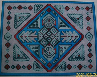 Obra de arte original pintada a mano Alfombra oriental Diseños de patrones Gris / Azul / Rojo