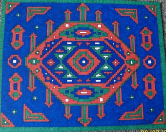 Obra de arte original pintada a mano Alfombra oriental Diseños de patrones Azul y rojo