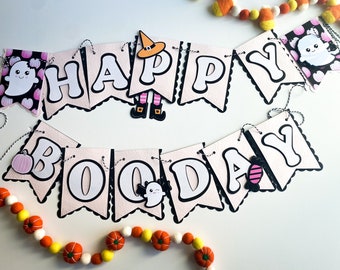Pink Halloween birthday banner|Happy Booday banner|Halloween party banner|Pink Halloween decor|Girls Halloween party|Cute ghost party banner