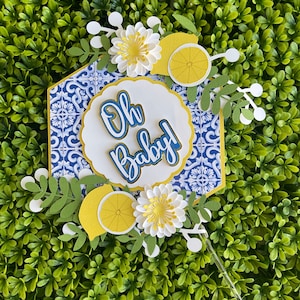 Blue tiles and lemon baby shower cake topper|Lemon Baby Shower theme|Mediterranean Lemon theme|Lemon bridal shower cake topper