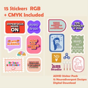 Puede incluir: Un conjunto de 15 pegatinas coloridas con frases como "ADHD Brain" y "My Brain Is Different". El paquete de pegatinas incluye diseños con texto e ilustraciones, promoviendo la neurodiversidad.