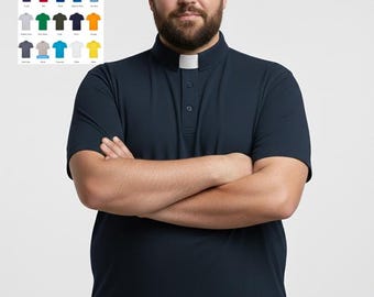 May include: A dark navy blue short-sleeved clergy shirt featuring a white clerical collar insert and a three-button placket. An inset graphic displays 20 colours of the shirt, with the text 20 COLOURS visible at the top of the color chart.