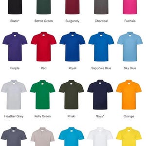 Op de afbeelding: Een raster van twintig poloshirts met korte mouwen in diverse effen kleuren, waaronder zwart, flessengroen, bordeauxrood, antraciet, fuchsia, paars, rood, koningsblauw, saffierblauw, hemelsblauw, grijs gem&ecirc;leerd, kellygroen, kaki, marineblauw, oranje, effen grijs, steenkleur, turkoois, wit en geel.