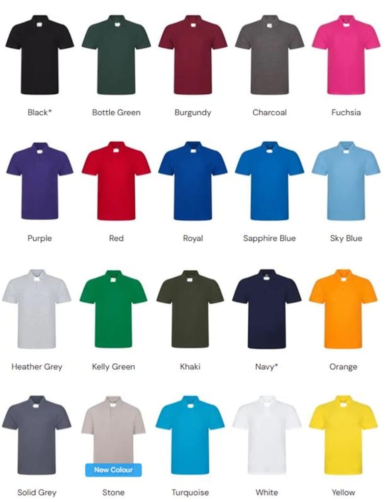 Op de afbeelding: Een raster van twintig poloshirts met korte mouwen in diverse effen kleuren, waaronder zwart, flessengroen, bordeauxrood, antraciet, fuchsia, paars, rood, koningsblauw, saffierblauw, hemelsblauw, grijs gem&ecirc;leerd, kellygroen, kaki, marineblauw, oranje, effen grijs, steenkleur, turkoois, wit en geel.