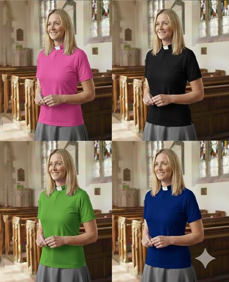 May include: A short-sleeved clergy shirt with a white tab collar, available in pink, black, green, and blue. The shirt features a buttoned placket and a straight hem, paired with a grey skirt. The design includes a structured collar insert.