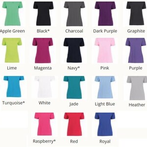 May include: A grid of twenty short-sleeved t-shirts in various solid colors including apple green, black, charcoal, dark purple, graphite, lime, magenta, navy, pink, purple, turquoise, white, jade, light blue, heather, raspberry, red, and royal blue.